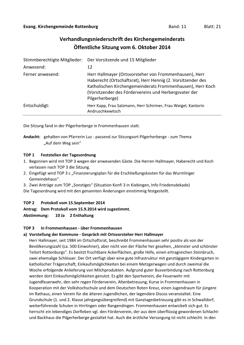 Verhandlungsniederschrift Des Kirchengemeinderats Öffentliche Sitzung Vom 6