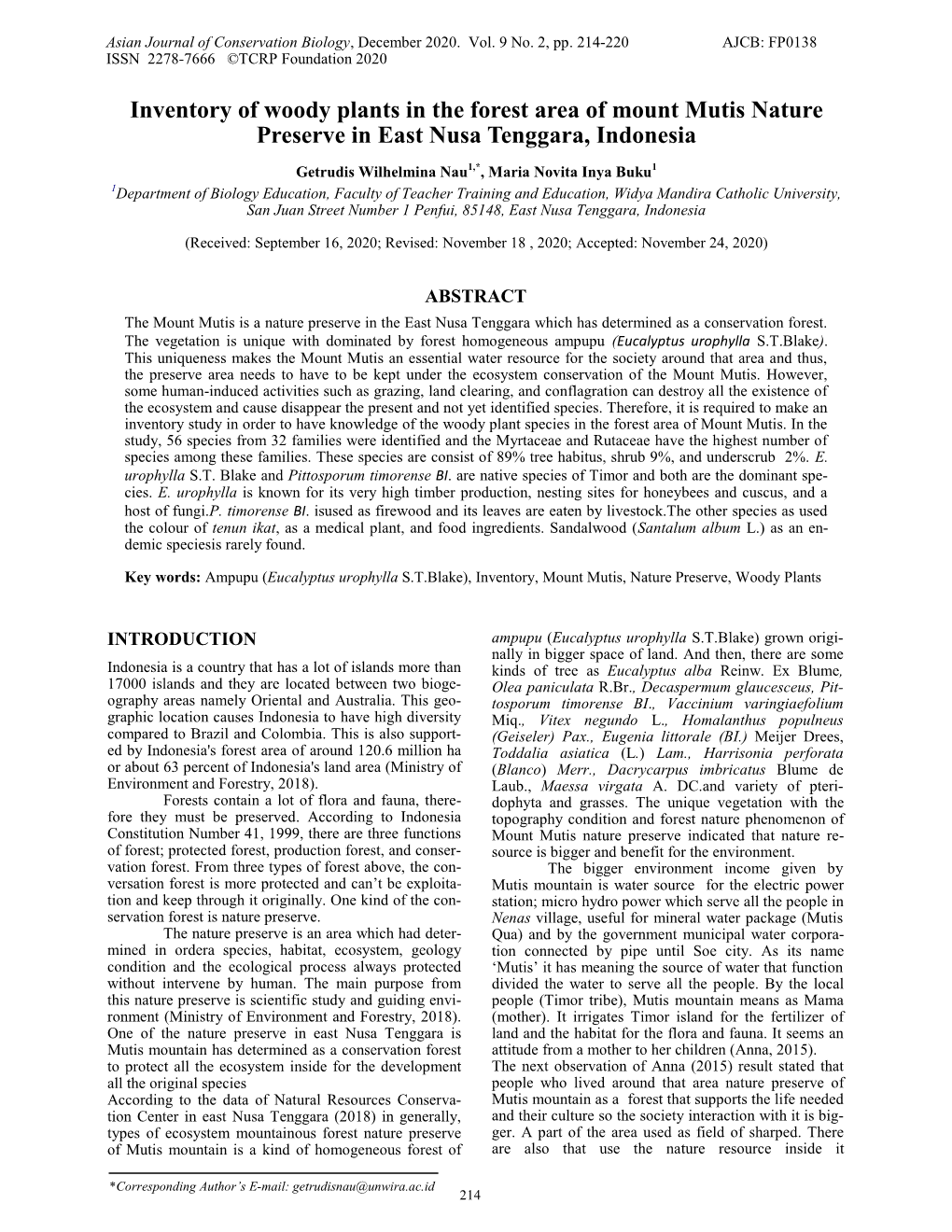 Inventory of Woody Plants in the Forest Area of Mount Mutis Nature Preserve in East Nusa Tenggara, Indonesia