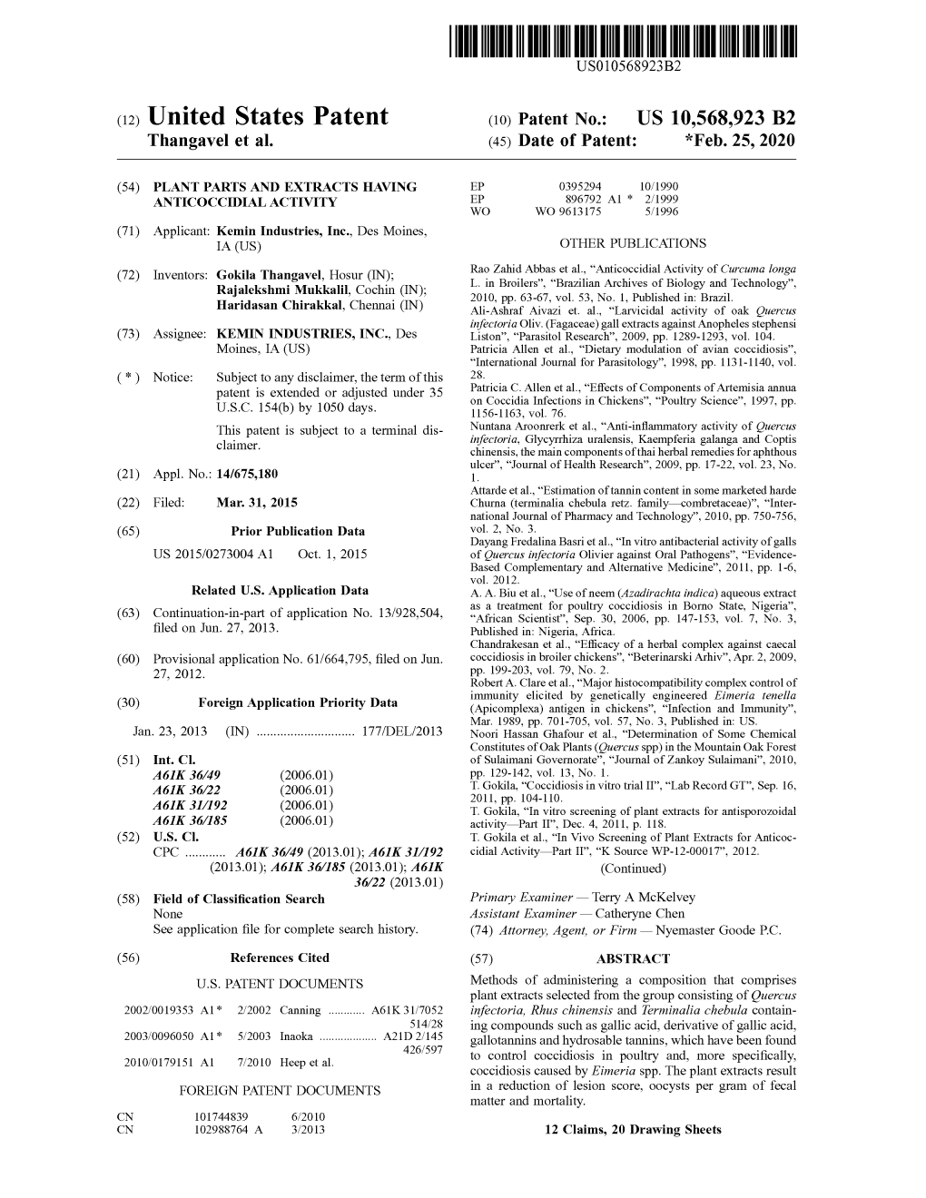 United States Patent (10 ) Patent No.: US 10,568,923 B2 Thangavel Et Al