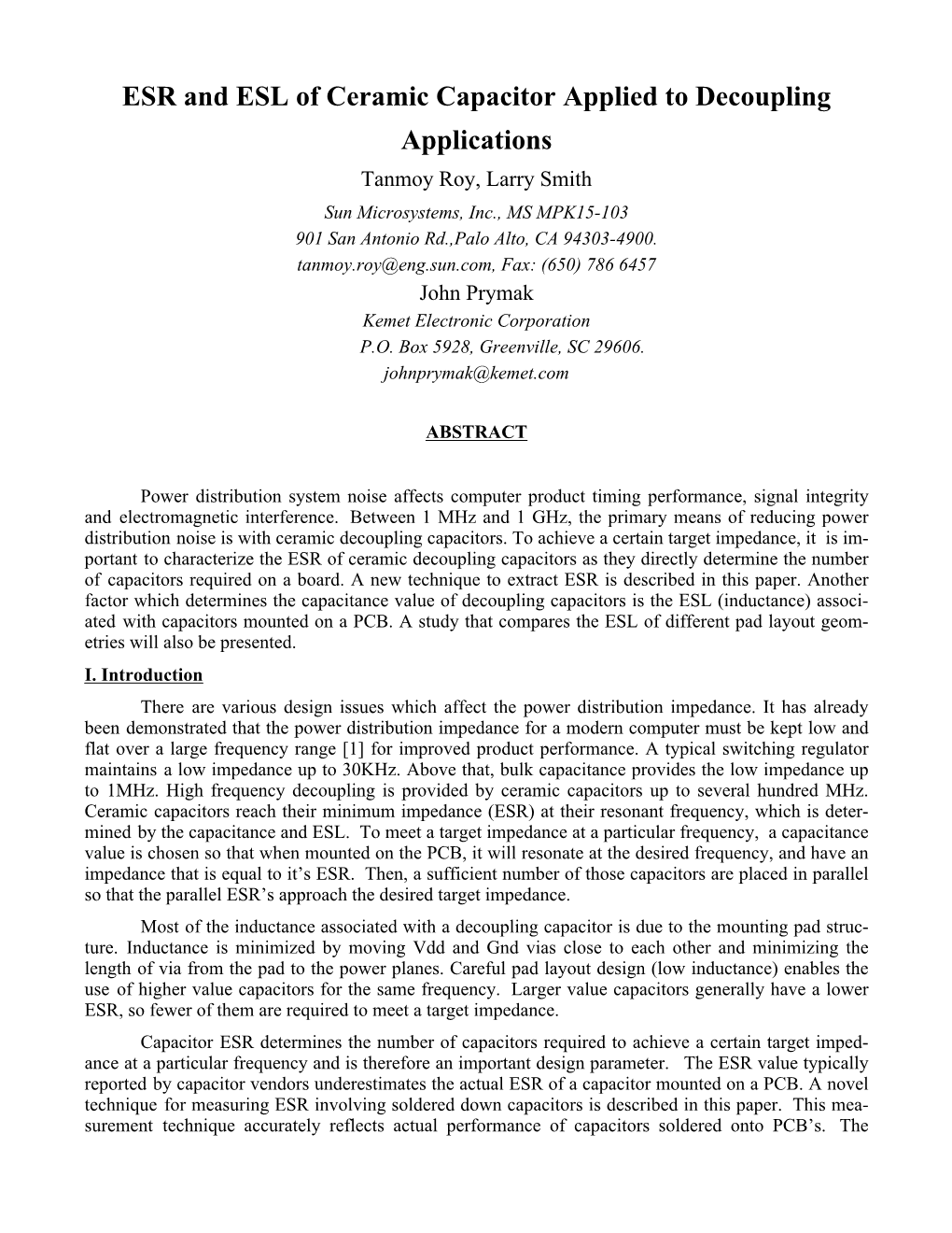 ESR and ESL of Ceramic Capacitor Applied to Decoupling Applications