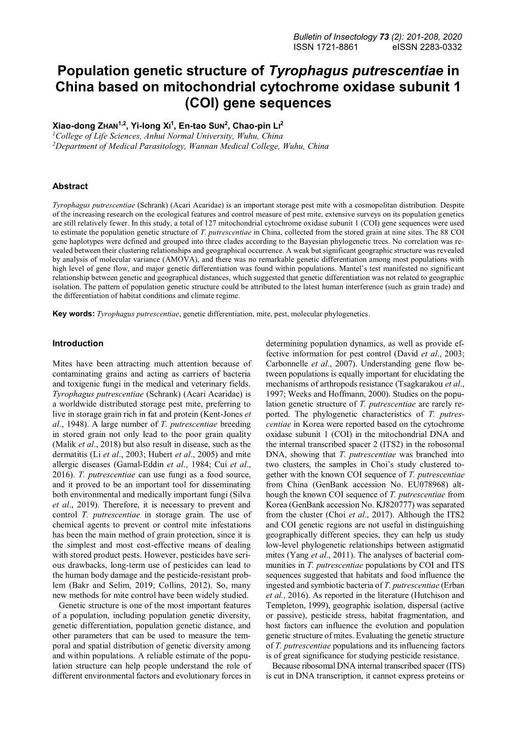 Population Genetic Structure of Tyrophagus Putrescentiae in China Based on Mitochondrial Cytochrome Oxidase Subunit 1 (COI) Gene Sequences