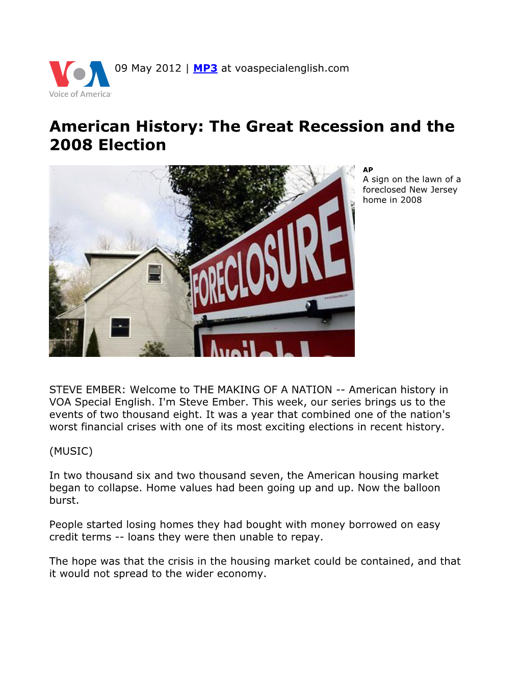 American History: the Great Recession and the 2008 Election