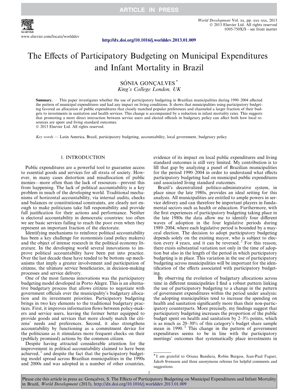 The Effects of Participatory Budgeting on Municipal Expenditures and Infant Mortality in Brazil 3