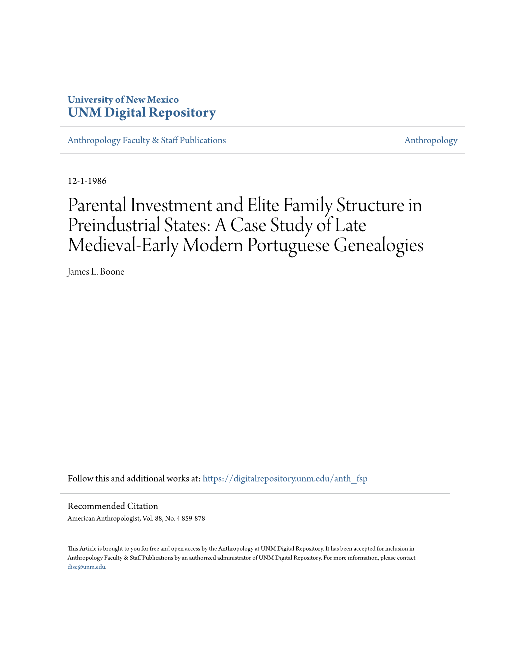 Parental Investment and Elite Family Structure in Preindustrial States: a Case Study of Late Medieval-Early Modern Portuguese Genealogies James L