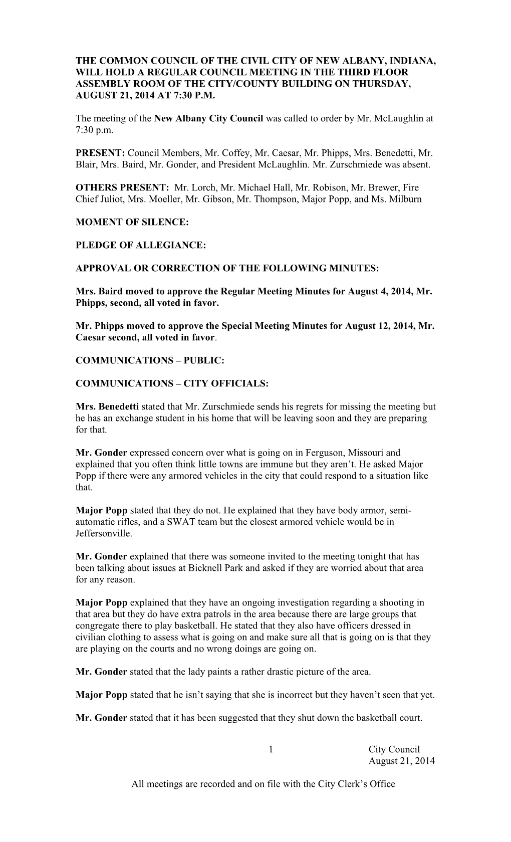 The Meeting of the New Albany City Council Was Called to Order by Mr. Mclaughlin at 7:30 P.M