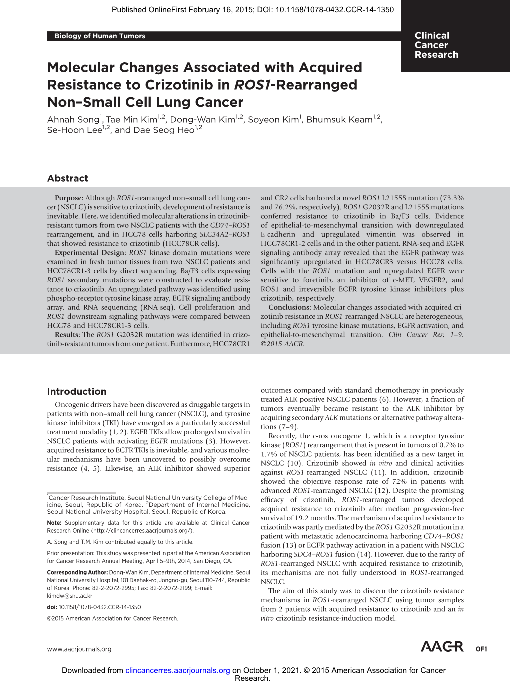 Molecular Changes Associated with Acquired Resistance to Crizotinib In