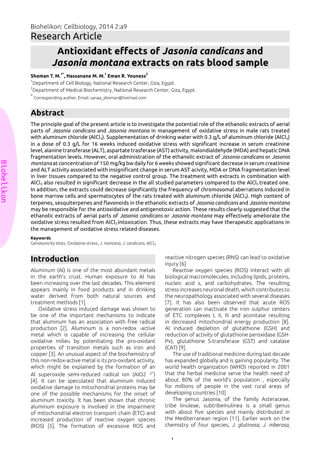 Research Article Antioxidant Effects of Jasonia Candicans and Jasonia