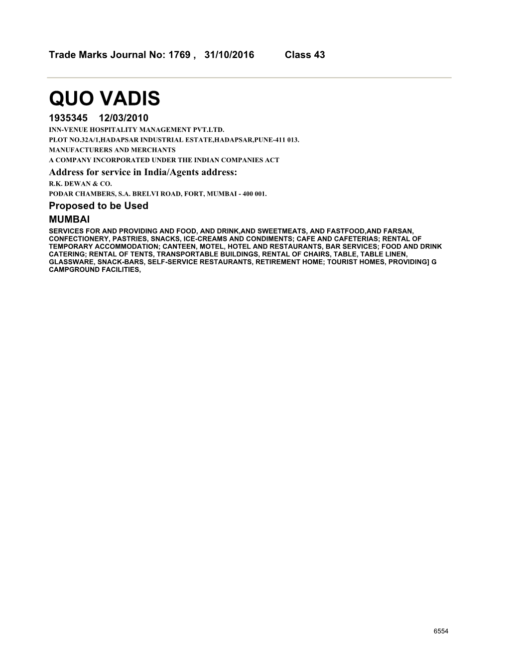 Quo Vadis 1935345 12/03/2010 Inn-Venue Hospitality Management Pvt.Ltd