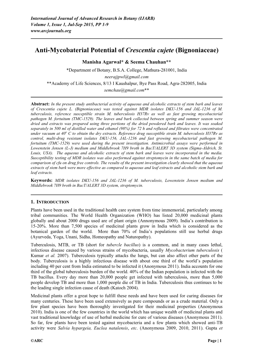 Anti-Mycobaterial Potential of Crescentia Cujete (Bignoniaceae)