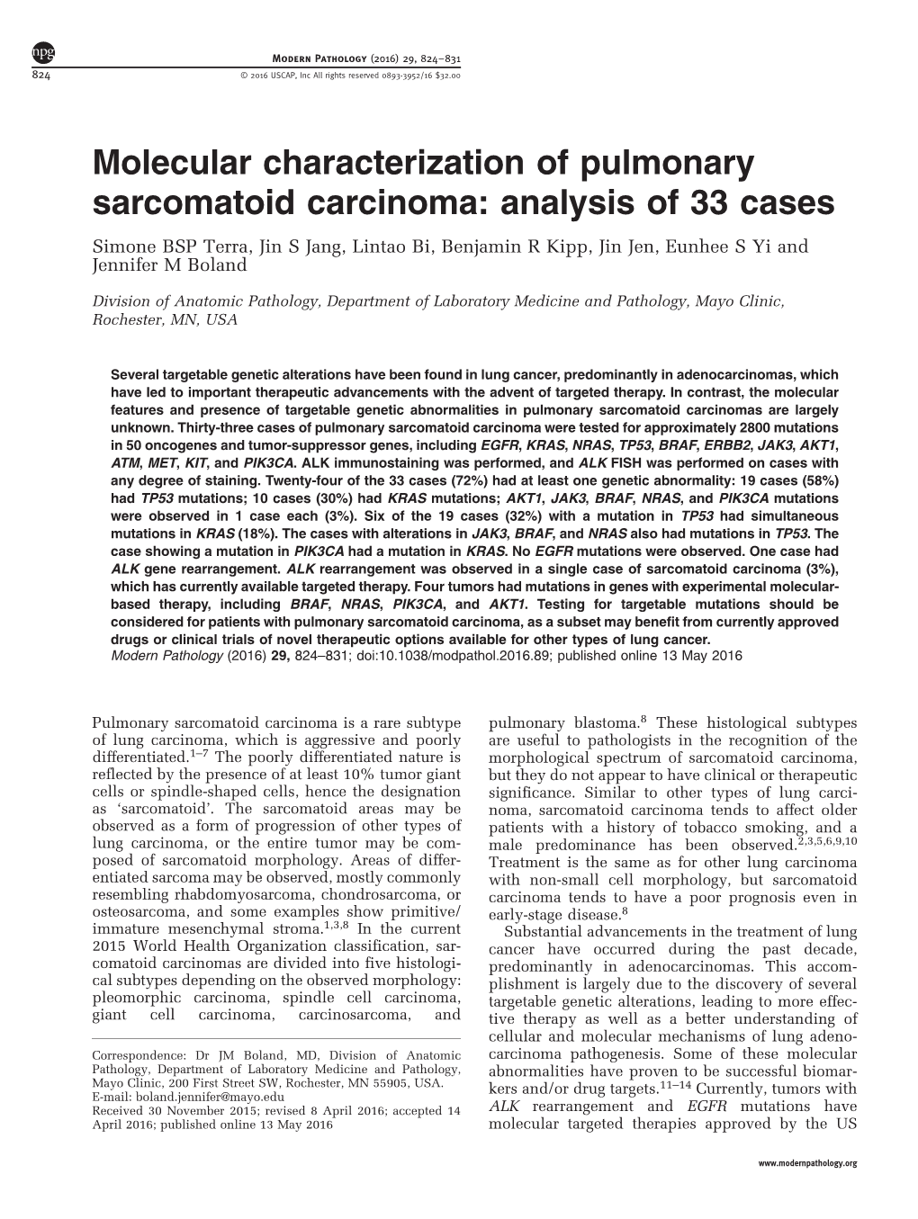 Molecular Characterization of Pulmonary Sarcomatoid Carcinoma