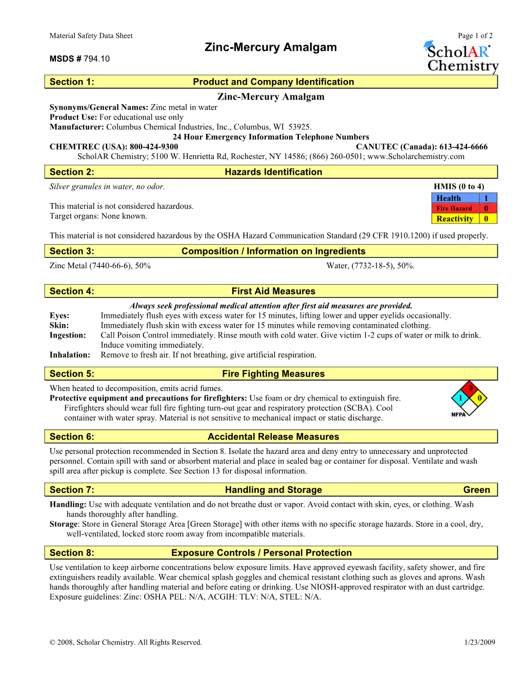 Zinc-Mercury Amalgam MSDS # 794.10