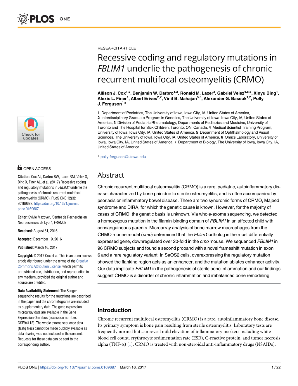 Recessive Coding and Regulatory Mutations in FBLIM1 Underlie the Pathogenesis of Chronic Recurrent Multifocal Osteomyelitis (CRMO)