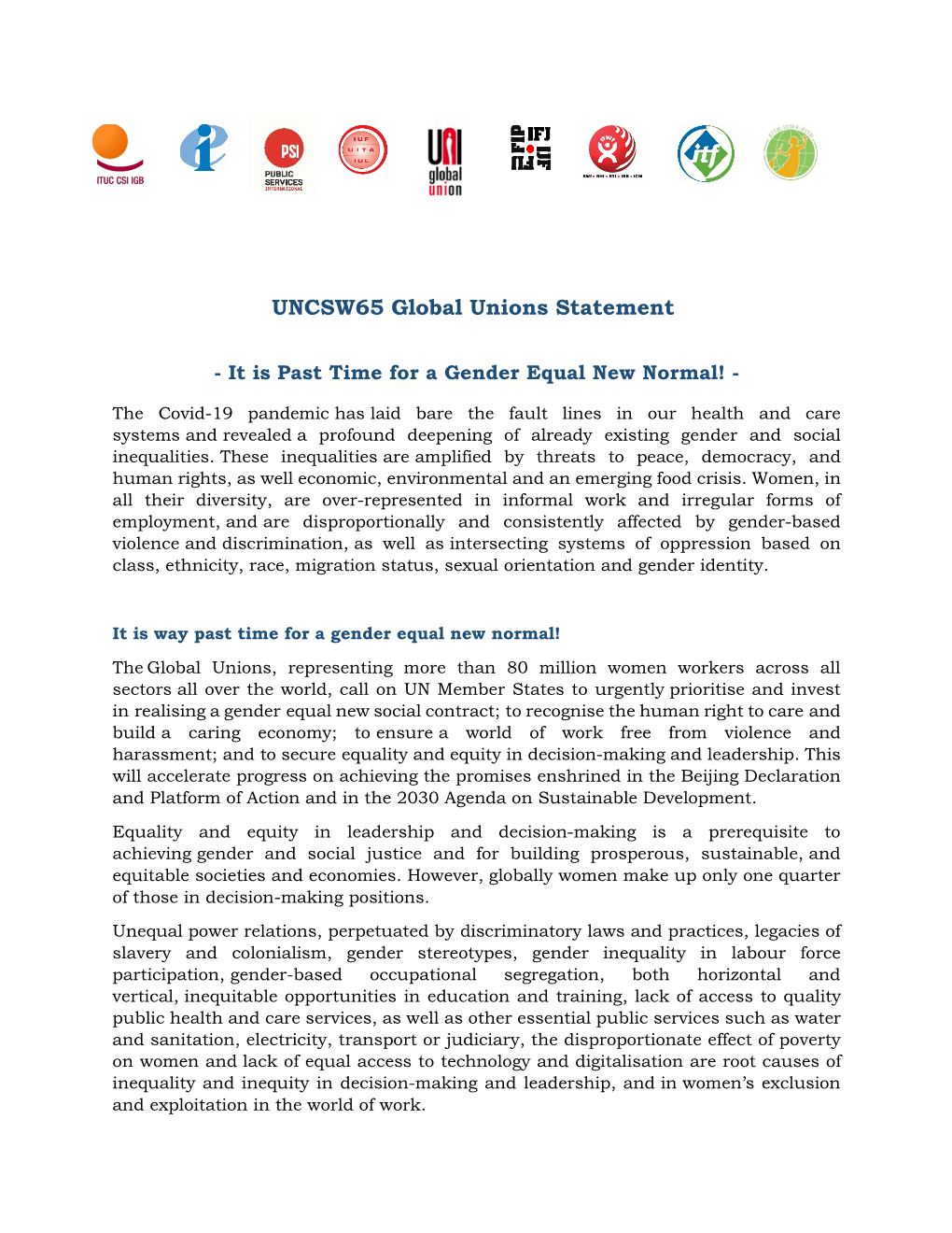 UNCSW65 Global Unions Statement