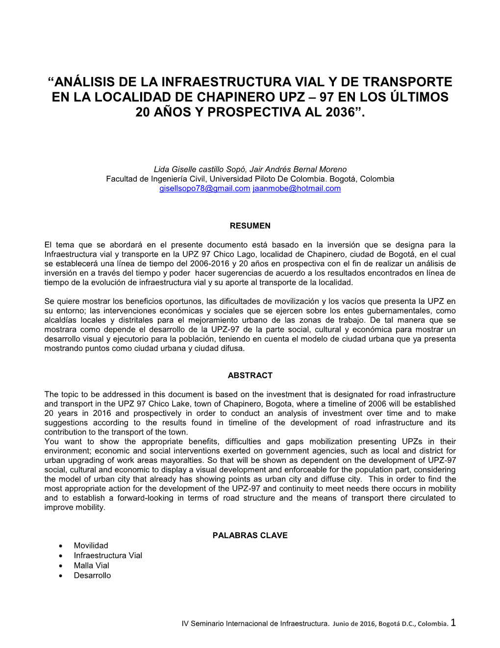 “Análisis De La Infraestructura Vial Y De Transporte En La Localidad De Chapinero Upz – 97 En Los Últimos 20 Años Y Prospectiva Al 2036”