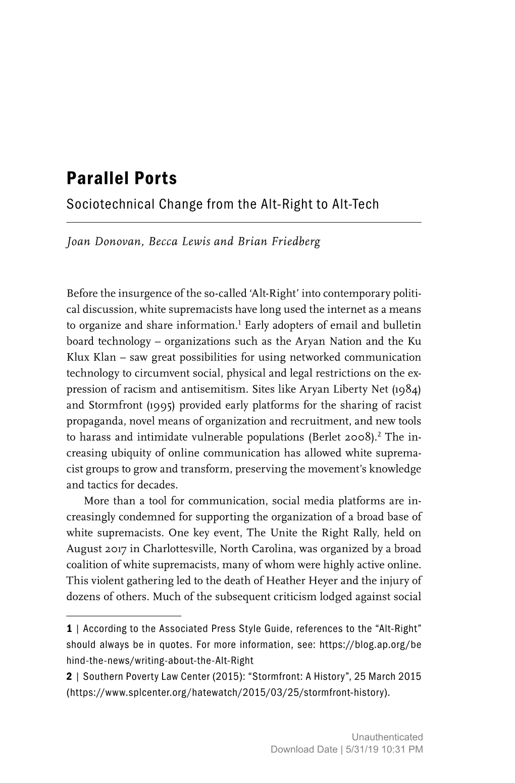 Parallel Ports Sociotechnical Change from the Alt-Right to Alt-Tech