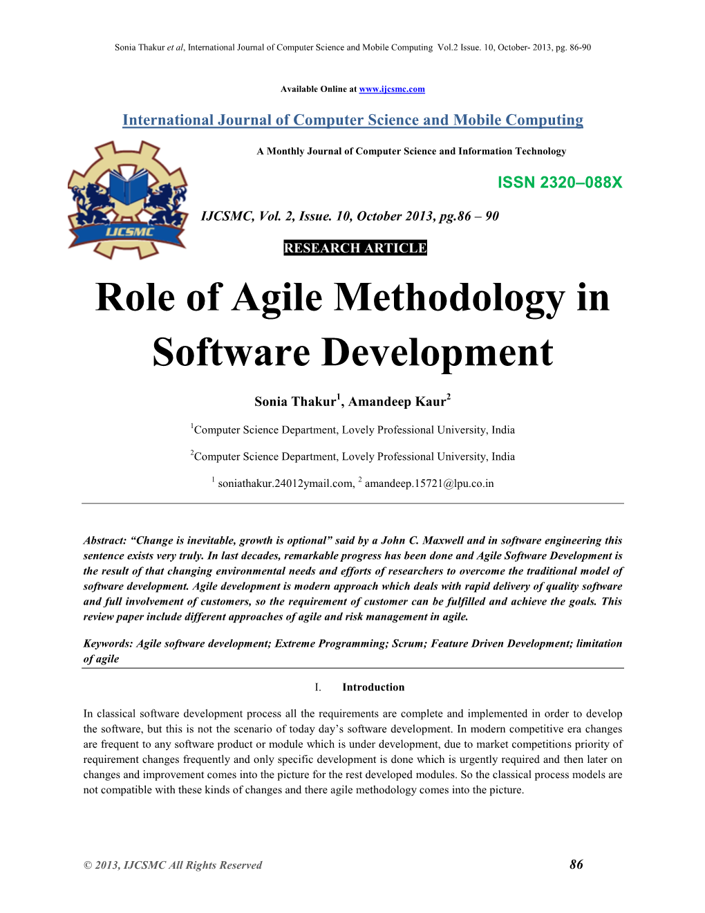 Role of Agile Methodology in Software Development