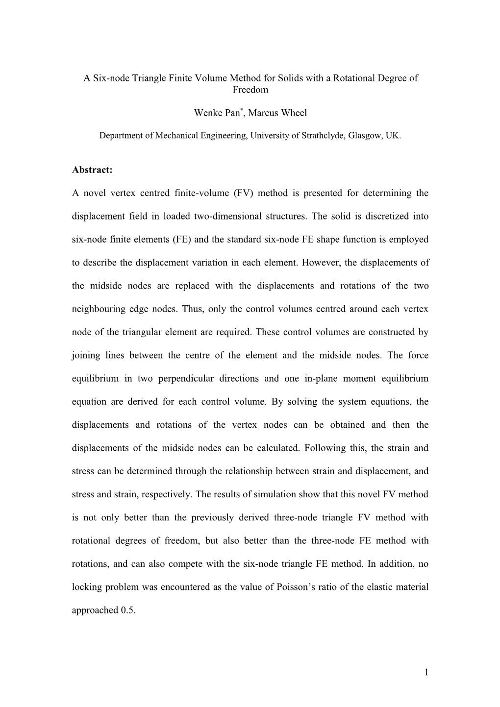 A Six-Node Triangle Finite Volume Method for Solids with a Rotational Degree of Freedom