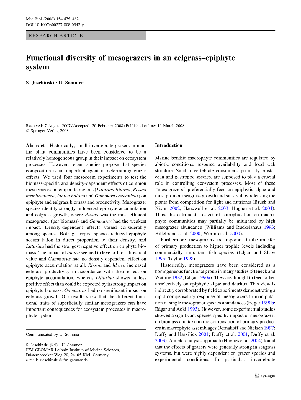 Functional Diversity of Mesograzers in an Eelgrass–Epiphyte System