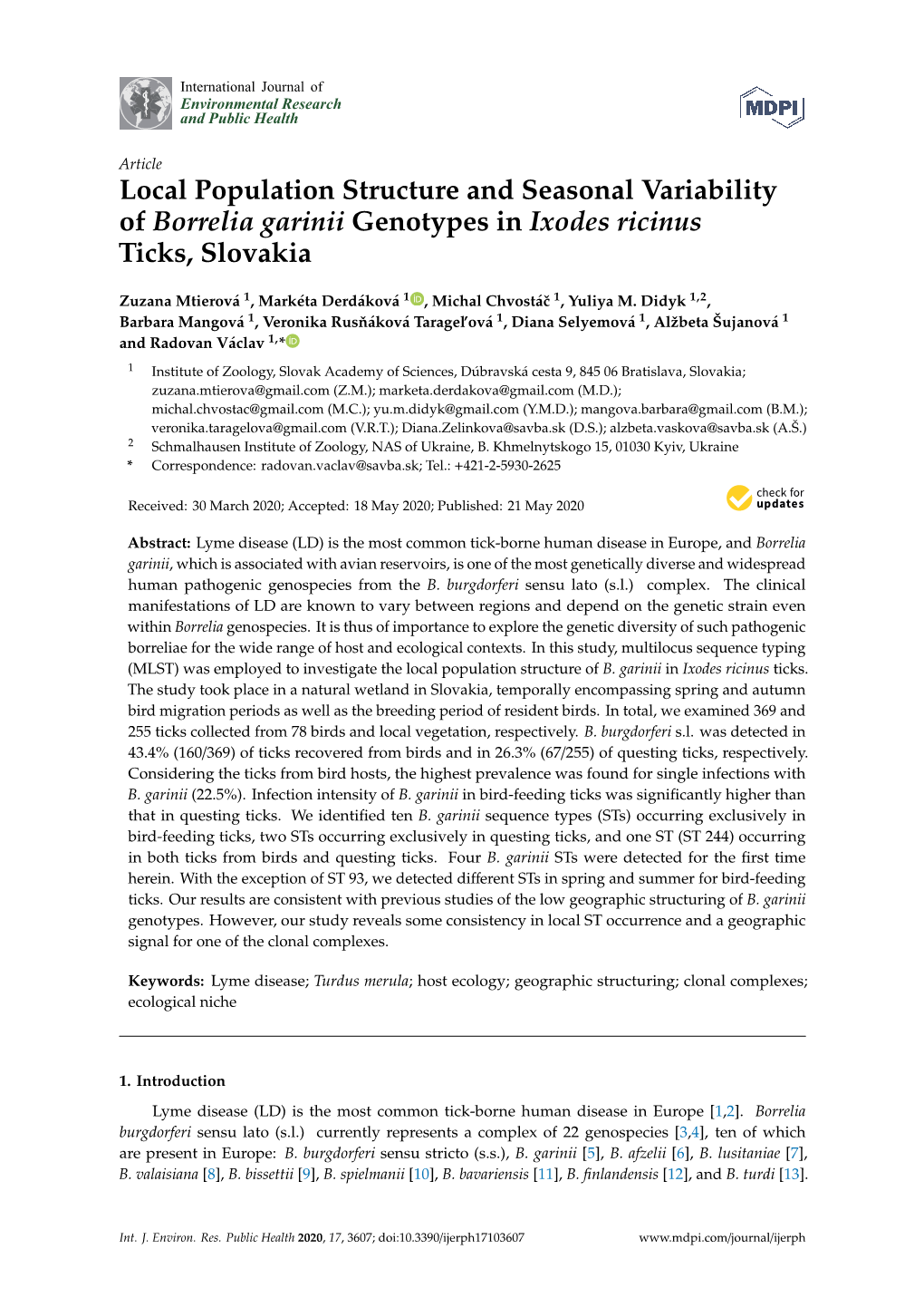 Local Population Structure and Seasonal Variability of Borrelia Garinii Genotypes in Ixodes Ricinus Ticks, Slovakia