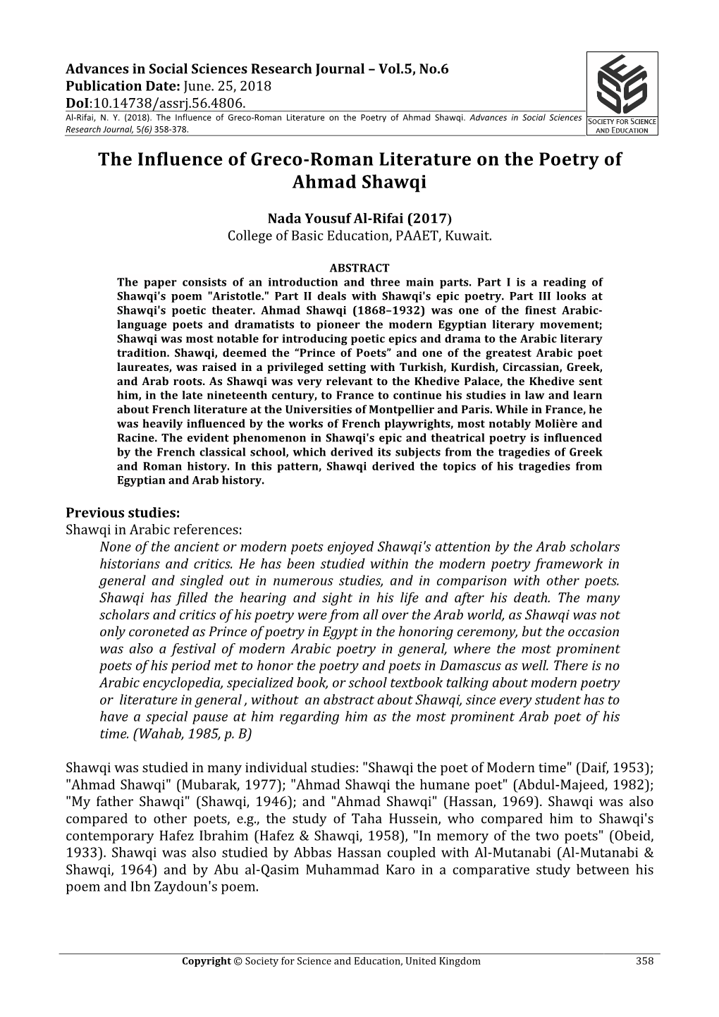 The Influence of Greco-Roman Literature on the Poetry of Ahmad Shawqi