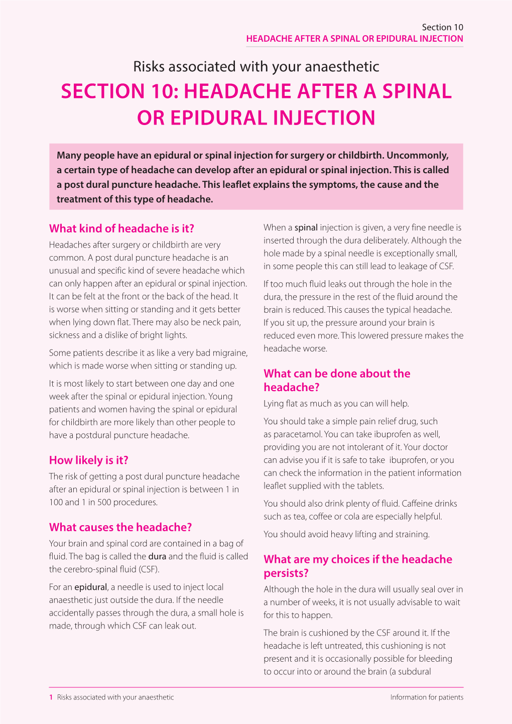 Section 10: Headache After a Spinal Or Epidural Injection