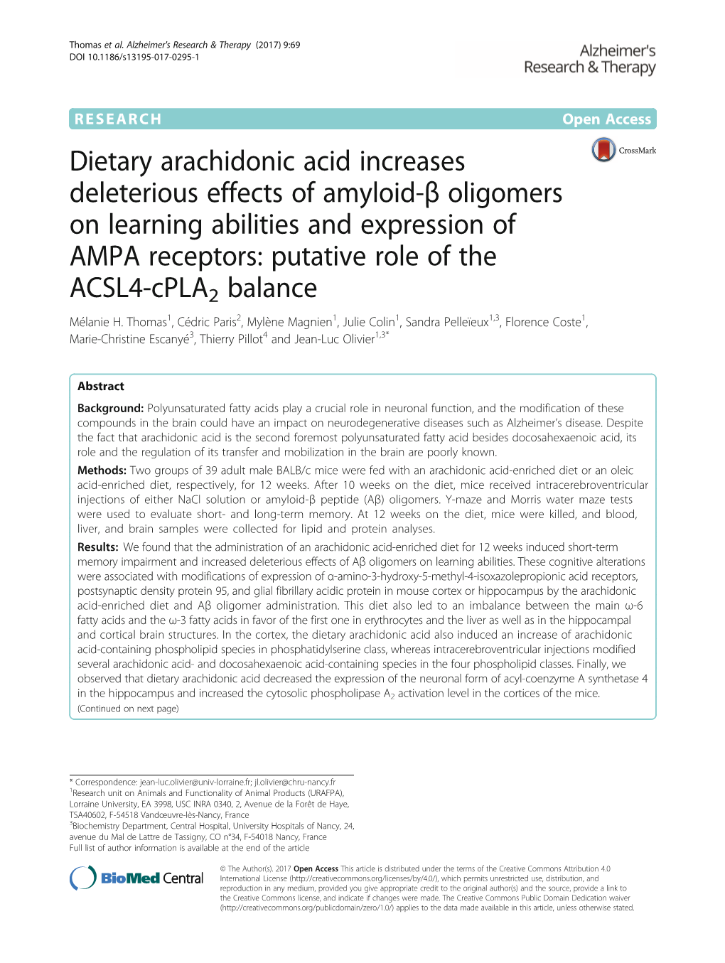 Dietary Arachidonic Acid Increases Deleterious Effects of Amyloid-Β Oligomers on Learning Abilities and Expression of AMPA Rece