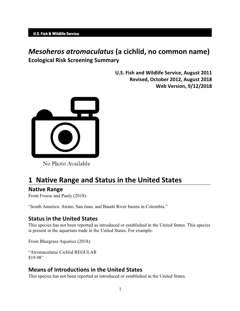 Mesoheros Atromaculatus (A Cichlid, No Common Name) Ecological Risk Screening Summary