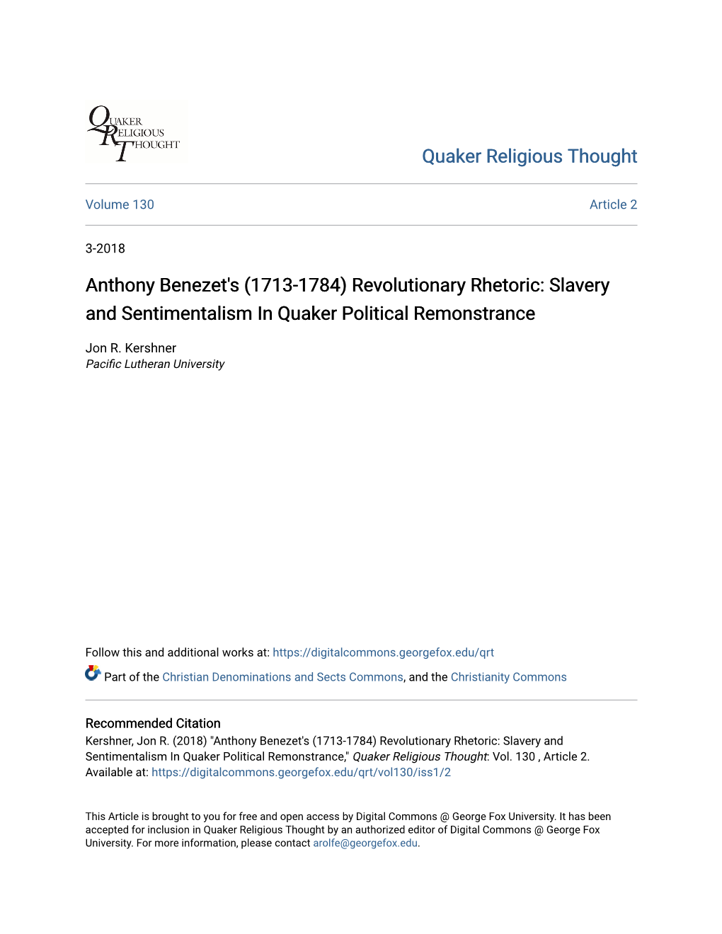 Anthony Benezet's (1713-1784) Revolutionary Rhetoric: Slavery and Sentimentalism in Quaker Political Remonstrance