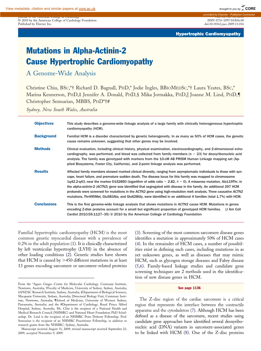 Mutations in Alpha-Actinin-2 Cause Hypertrophic Cardiomyopathy a Genome-Wide Analysis