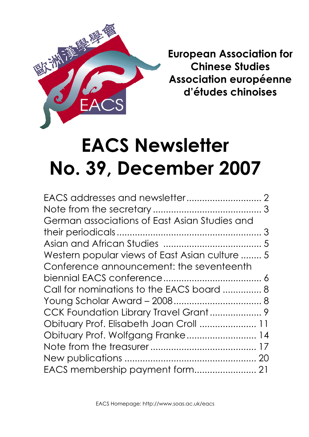 EACS Newsletter No. 39, December 2007