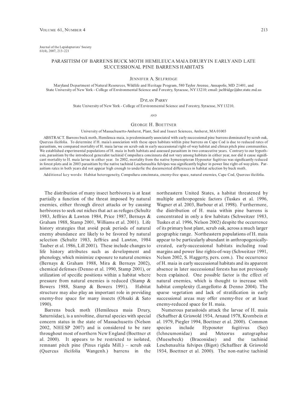 Parasitism of Barrens Buck Moth Hemileuca Maia Drury in Early and Late Successional Pine Barrens Habitats