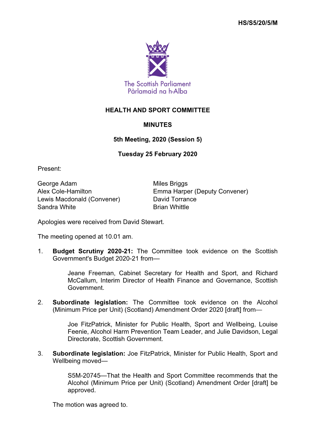 HS/S5/20/5/M HEALTH and SPORT COMMITTEE MINUTES 5Th Meeting