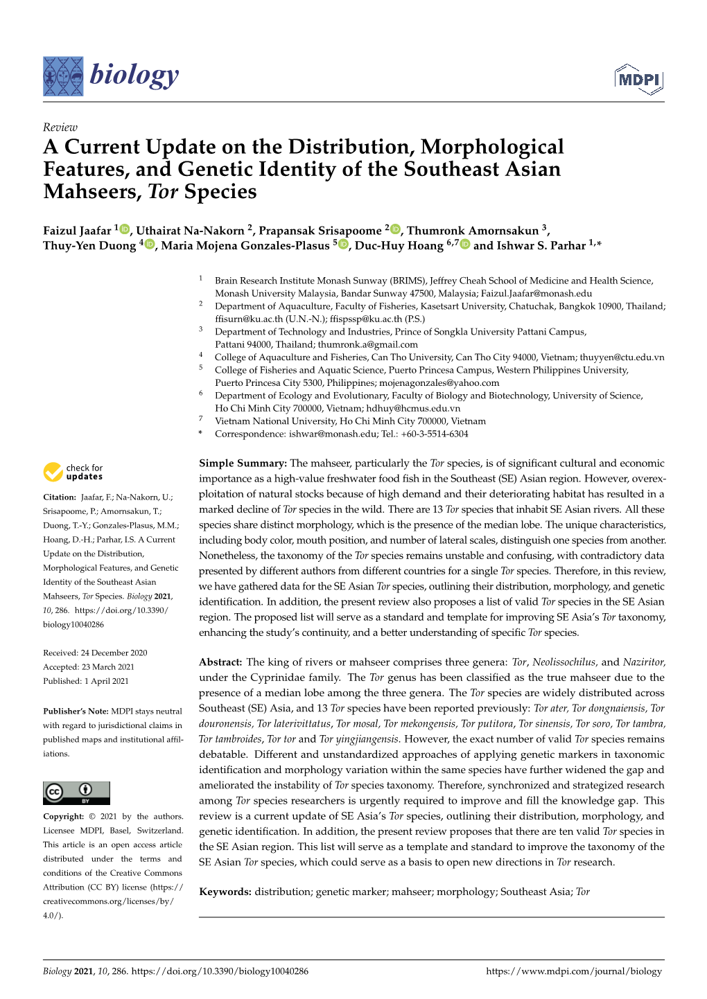 A Current Update on the Distribution, Morphological Features, and Genetic Identity of the Southeast Asian Mahseers, Tor Species