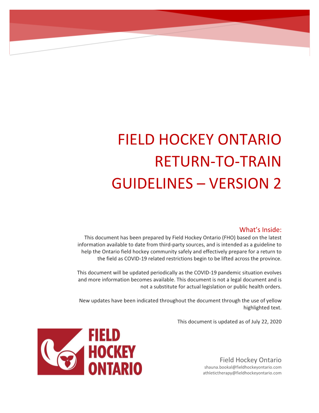 Field Hockey Ontario Return-To-Train Guidelines – Version 2