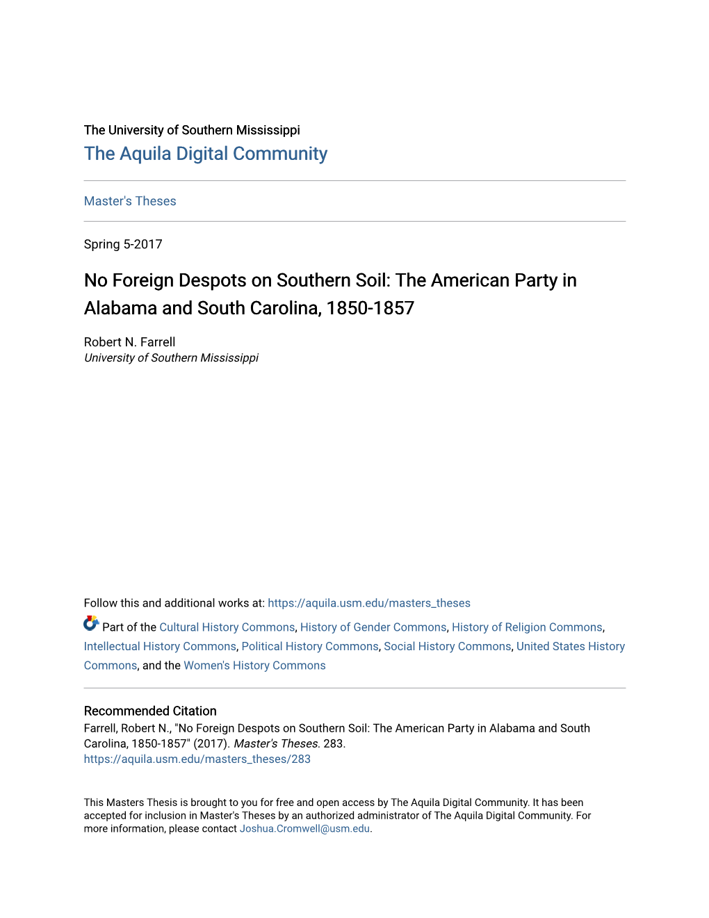 No Foreign Despots on Southern Soil: the American Party in Alabama and South Carolina, 1850-1857