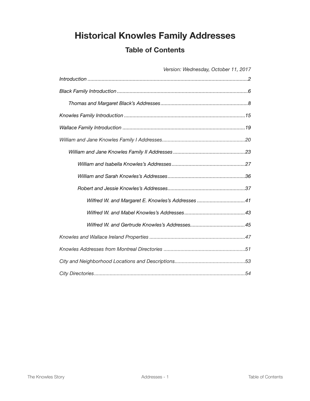 Historical Knowles Family Addresses Table of Contents