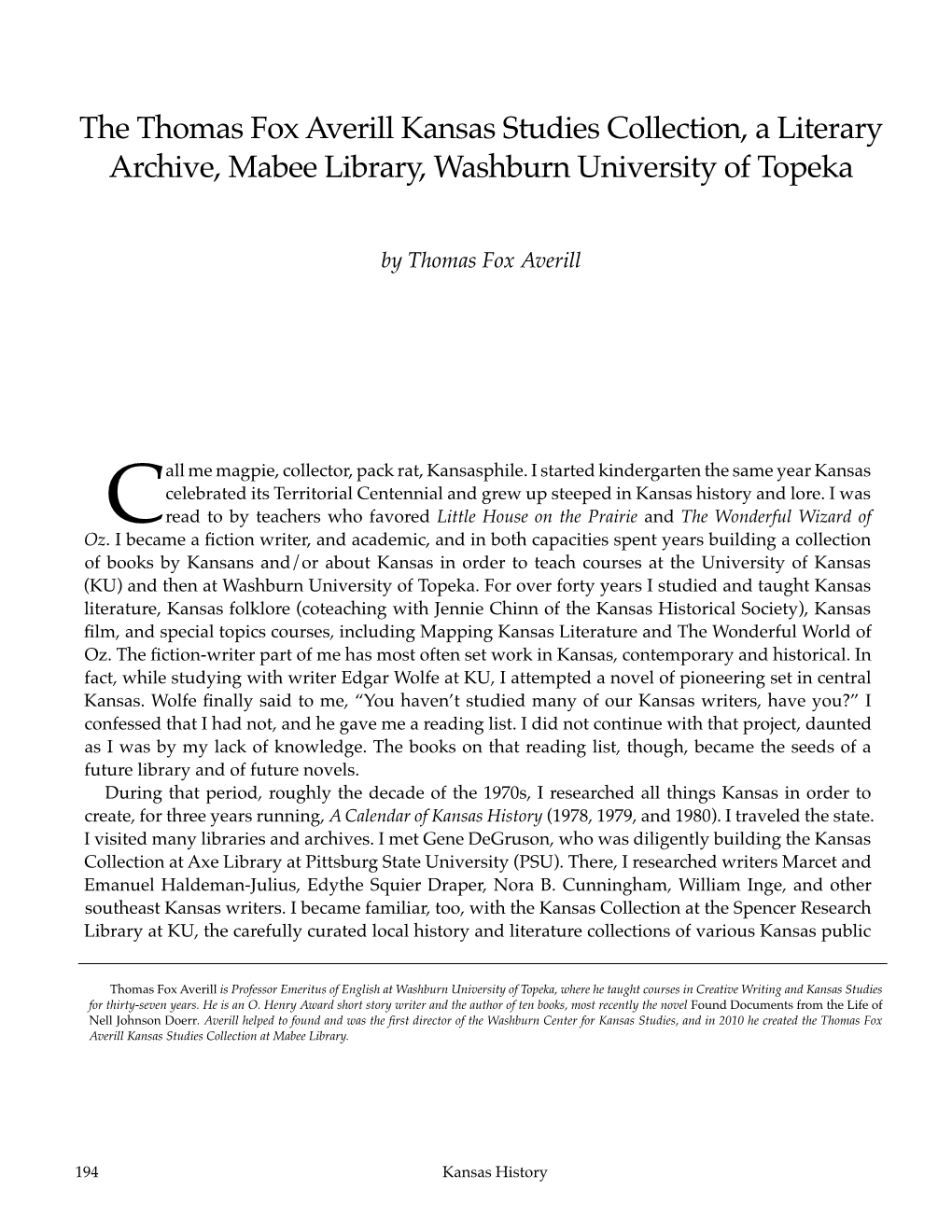 The Thomas Fox Averill Kansas Studies Collection, a Literary Archive, Mabee Library, Washburn University of Topeka