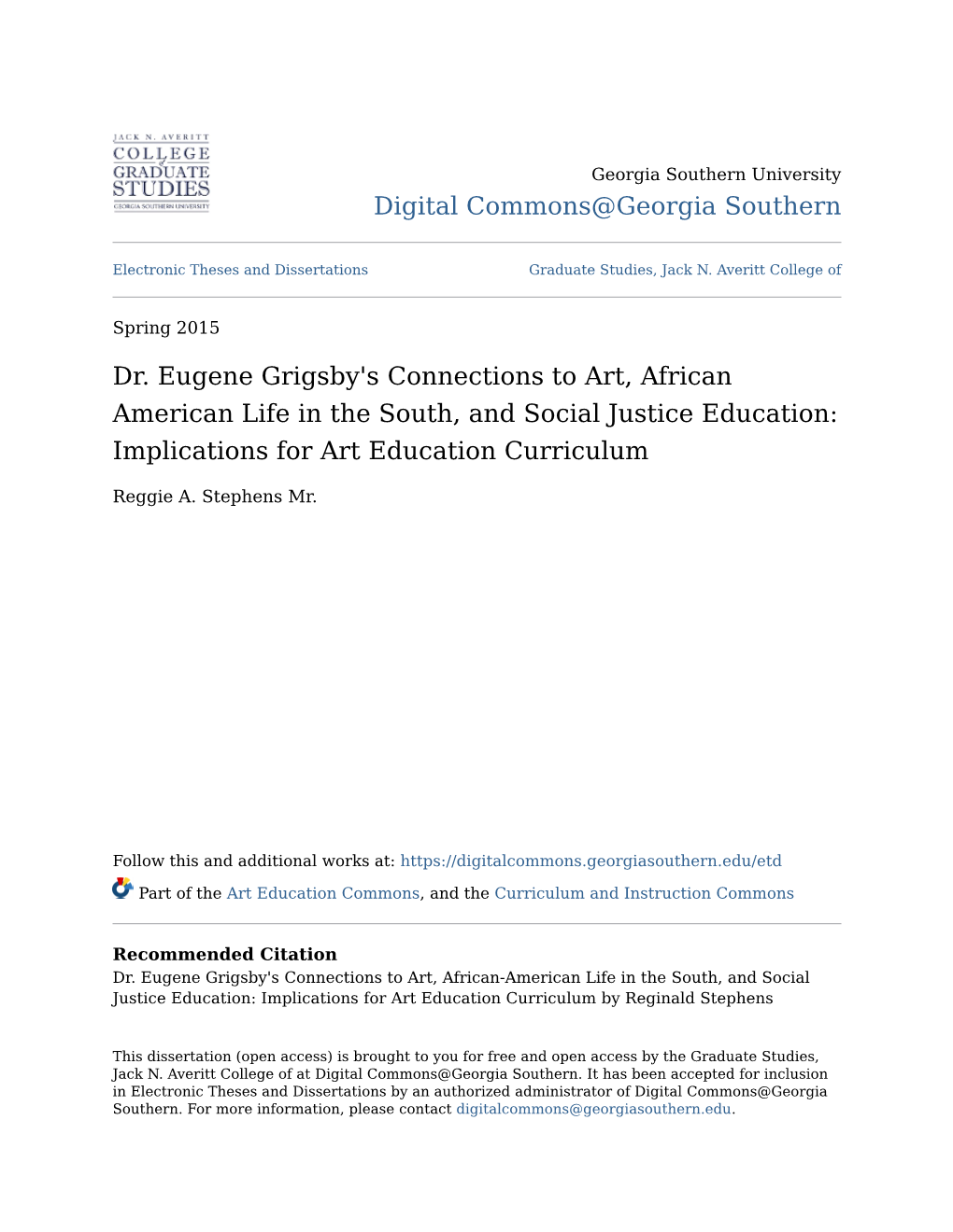 Dr. Eugene Grigsby's Connections to Art, African American Life in the South, and Social Justice Education: Implications for Art Education Curriculum