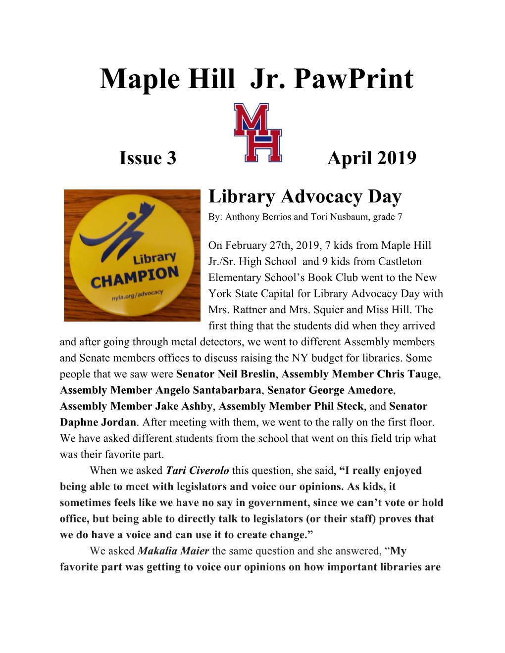 Maple Hill Jr. Pawprint Student Newspaper