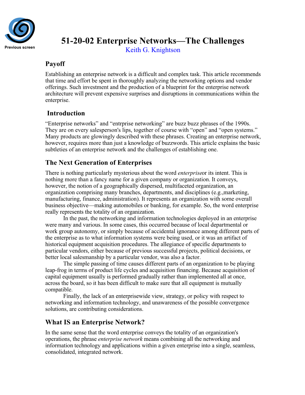 51-20-02 Enterprise Networks—The Challenges Previous Screen Keith G