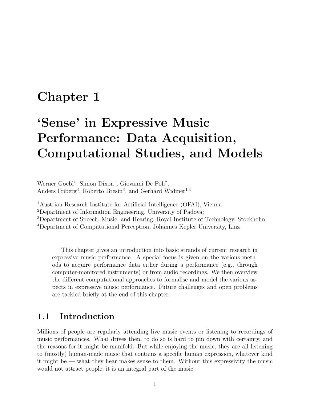 Chapter 1 'Sense' in Expressive Music Performance: Data Acquisition, Computational Studies, and Models