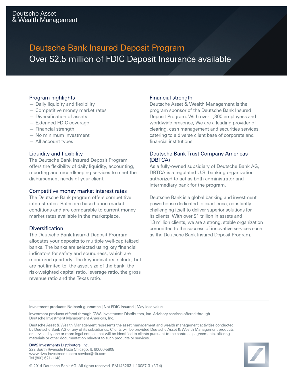 Deutsche Bank Insured Deposit Program Over $2.5 Million of FDIC Deposit Insurance Available