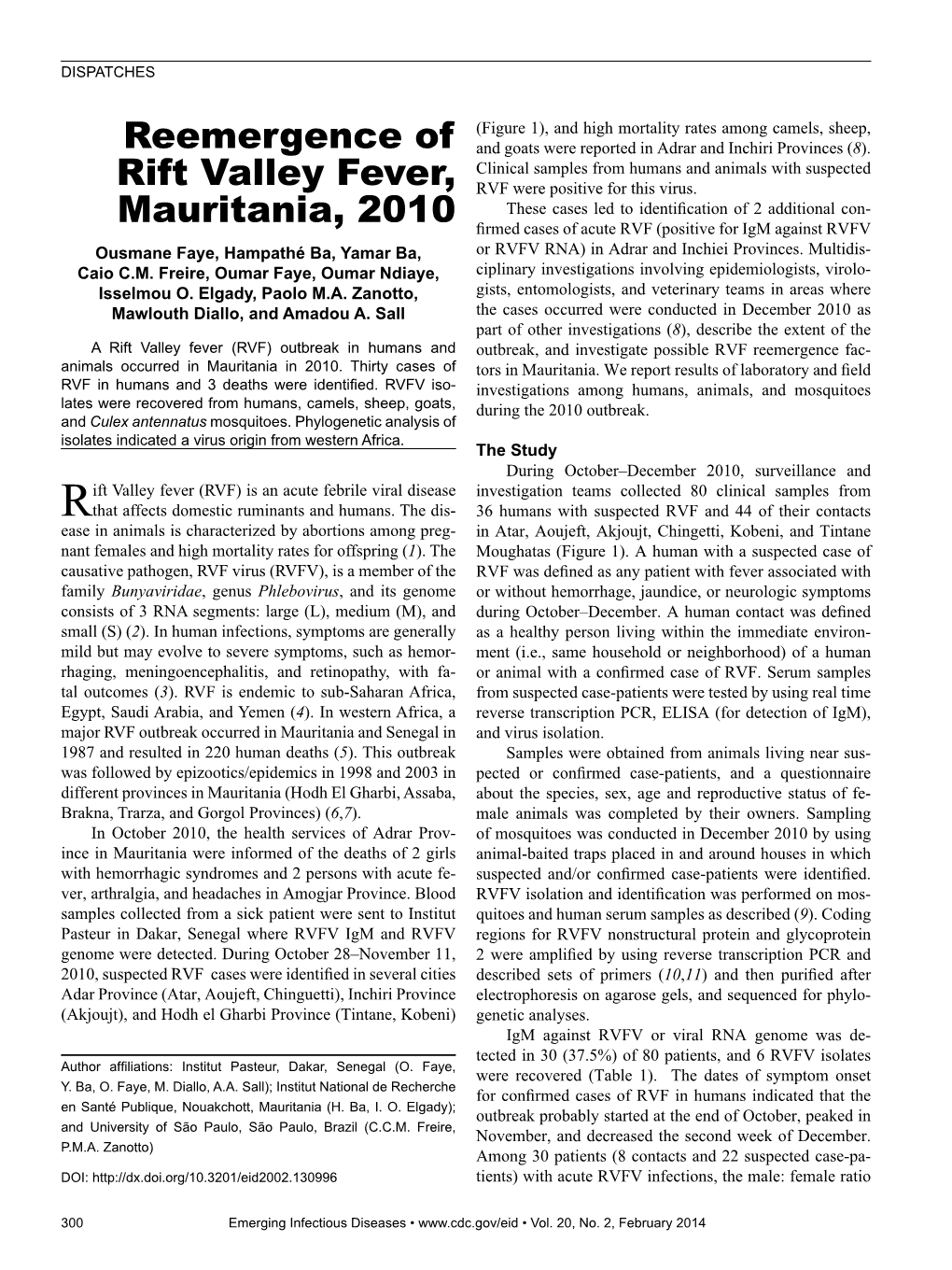 Reemergence of Rift Valley Fever, Mauritania, 2010