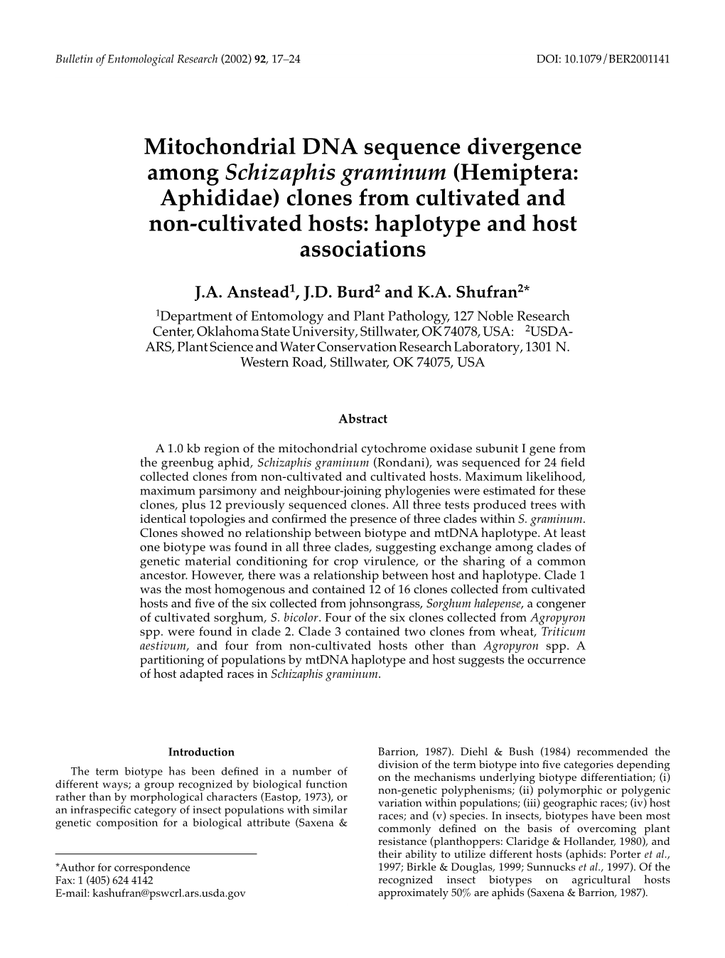 Mitochondrial DNA Sequence Divergence Among Schizaphis