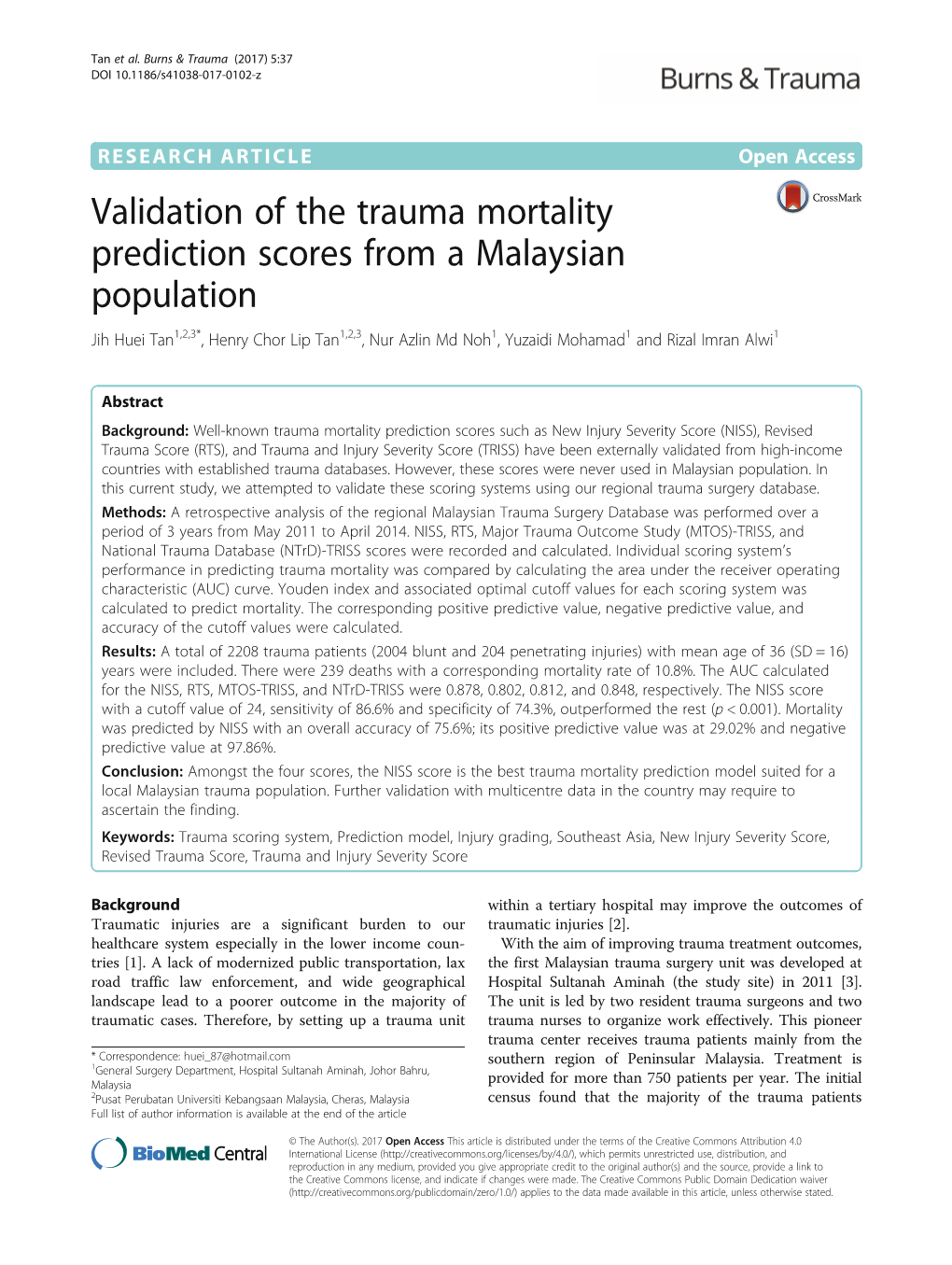 Validation of the Trauma Mortality Prediction Scores from a Malaysian