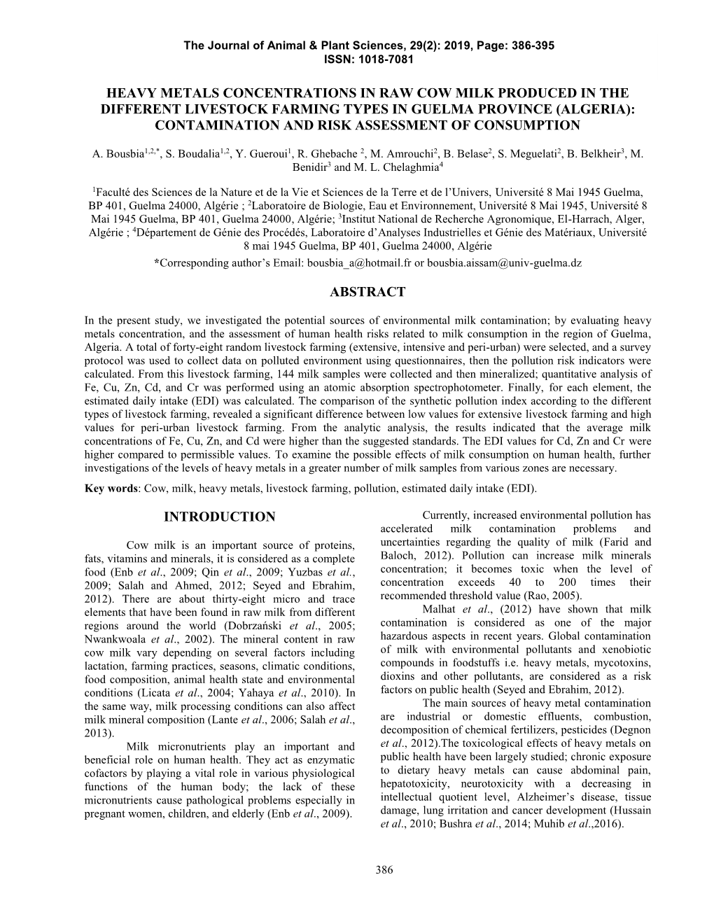 Heavy Metals Concentrations in Raw Cow Milk Produced