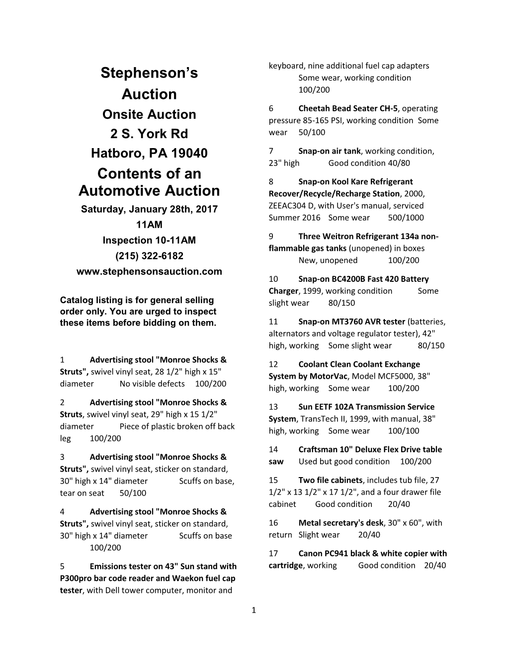 Stephenson's Auction Contents of an Automotive Auction