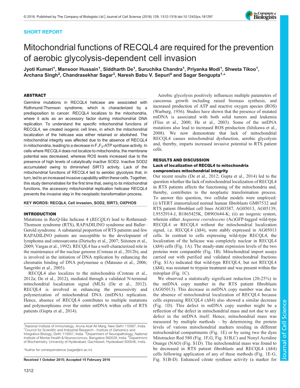 Mitochondrial Functions of RECQL4 Are Required for the Prevention of Aerobic Glycolysis-Dependent Cell Invasion