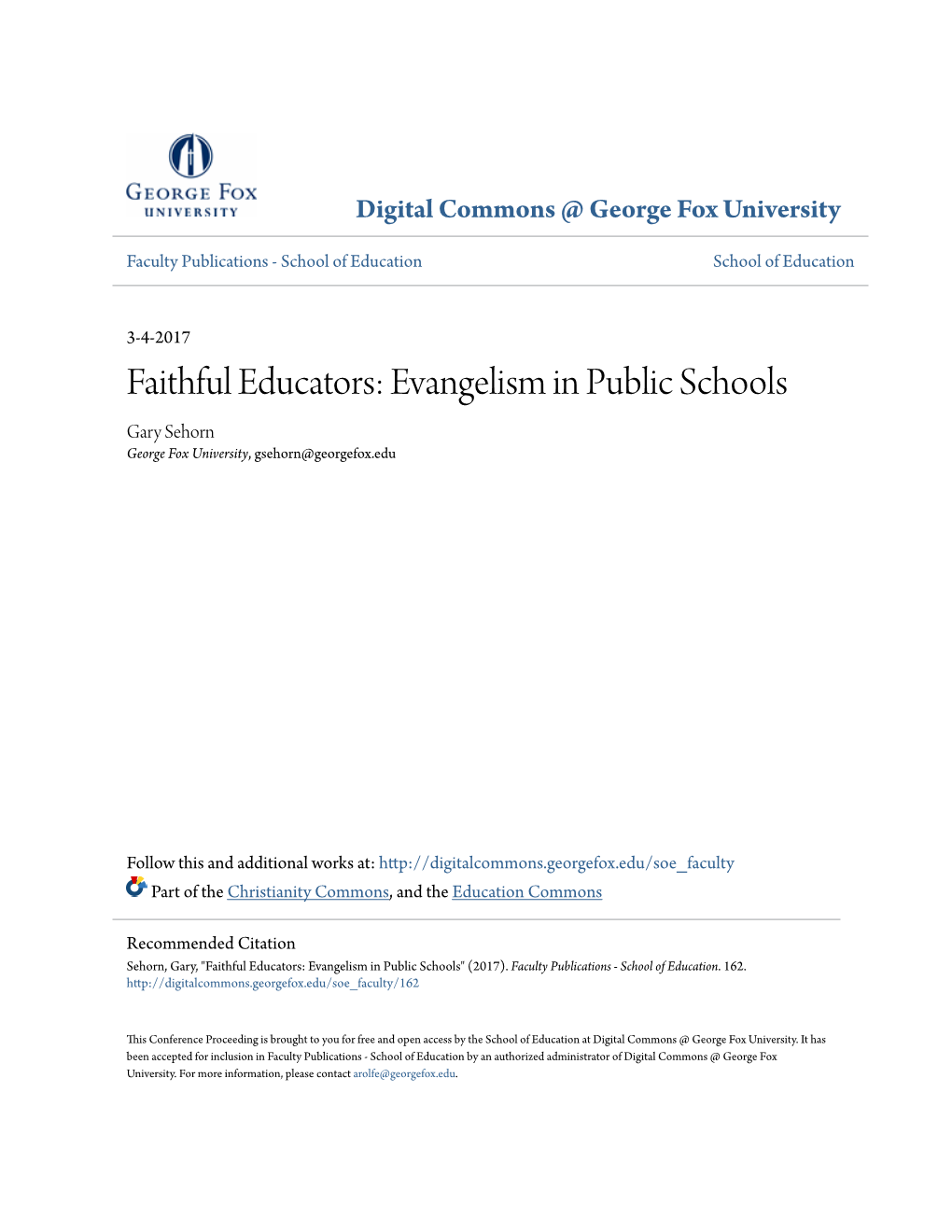 Evangelism in Public Schools Gary Sehorn George Fox University, Gsehorn@Georgefox.Edu