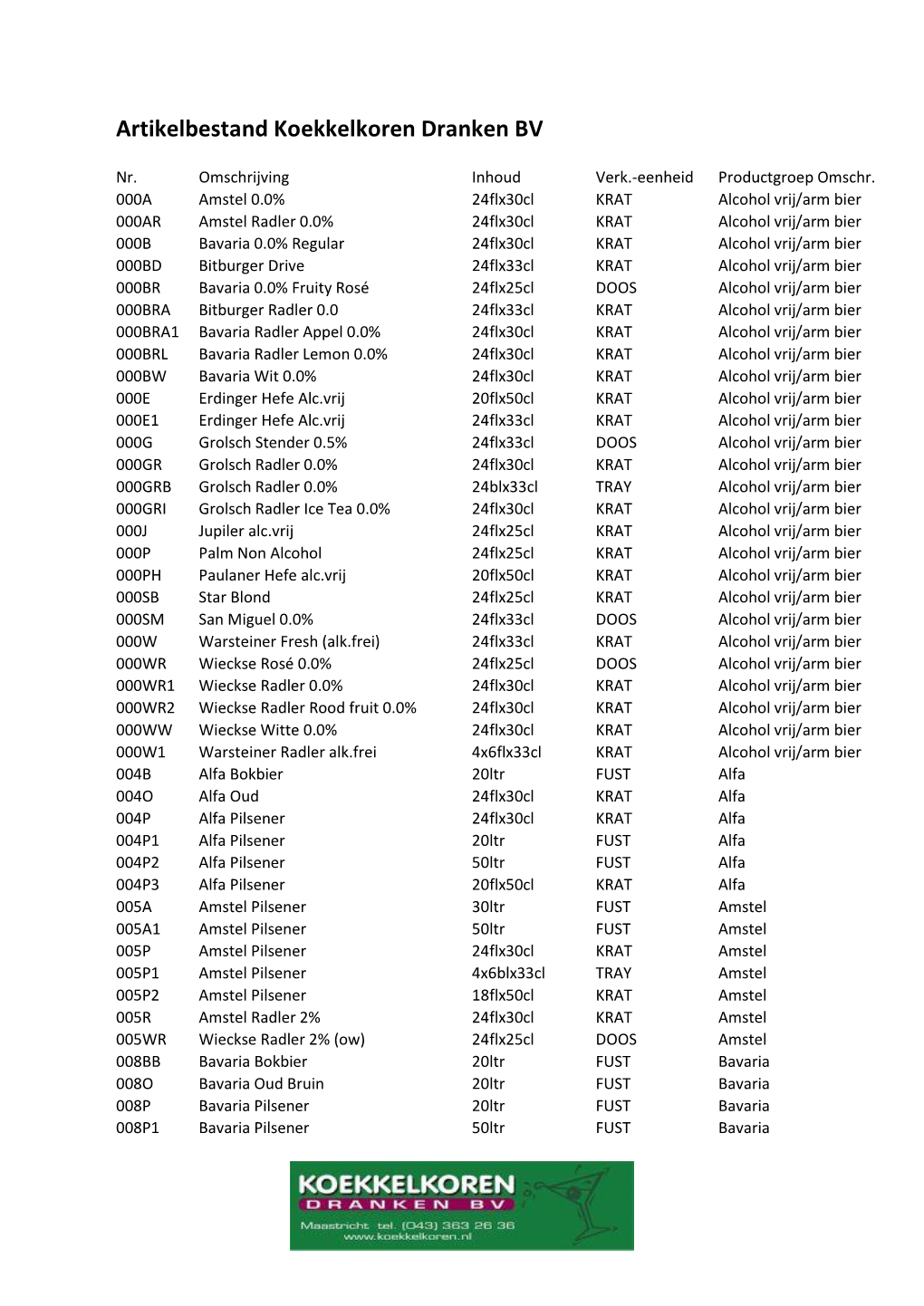 Artikelbestand Koekkelkoren Dranken BV